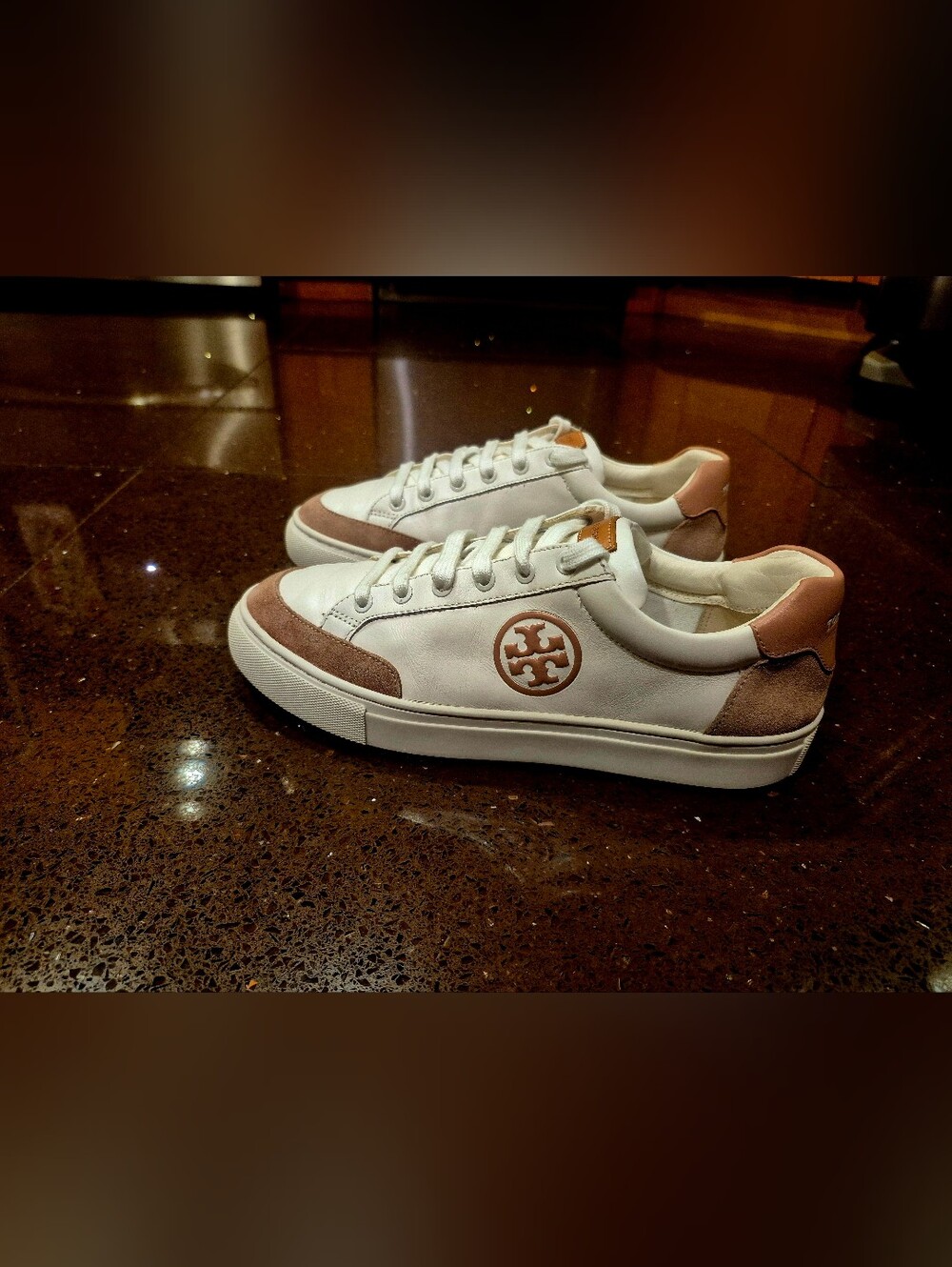 Tory Burch Womens White Sneakers with Blush and Tan Accents